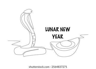 Wood snake zodiac year 2025 and yuanbao. Lunar new year concept one-line drawing