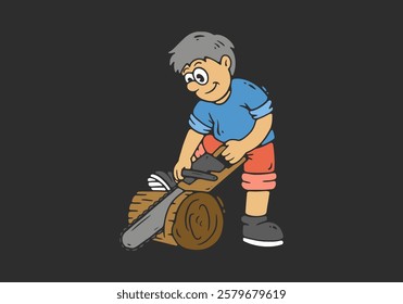 Wood splitter mascot character is splitting wood using a chainsaw. Flat art illustration