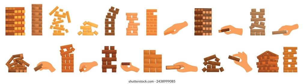 Wood stack balances game icons set cartoon vector. Hand tower. Block construction