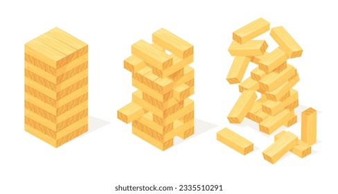 Wood stack balances game. Tower balance concept, balanced towers construction from wooden block stack, puzzle games dangerous risk choice of woods bricks for success win, neat vector on white