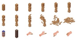 Wood stack balances game vector. A stack of wooden blocks with a hand reaching up to the top. The blocks are of different sizes and are piled on top of each other