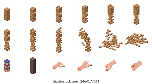 Wood stack balances game vector. A stack of wooden blocks with a hand reaching up to the top. The blocks are of different sizes and are piled on top of each other