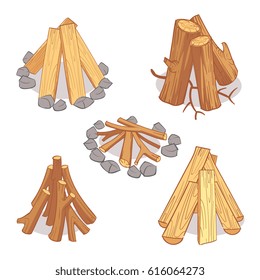 Wood stacks and hardwood firewood, wooden logs cartoon vector set. Timber for firewood, illustration of hardwood timber log