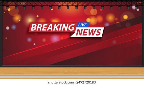wood stage and breaking news on lcd background in the news studio room	