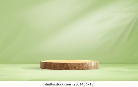 Wood stage podium on green background. Green abstract nature studio with wooden stage display platform and shadows leaves. 3d summer scene for product presentation. Realistic vector illustration