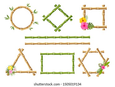 Wood stick banners of various shapes. Japanese rustic bamboo sign frame isolated vector set