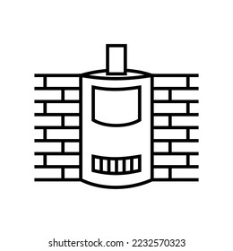 A wood stove with a brick wall around. Linear oven icon.