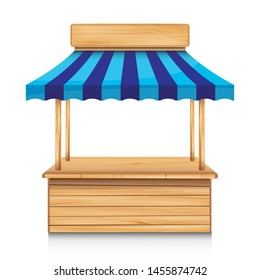 Wood Street Stall With Blue Awning And Wooden Sign On White Background.