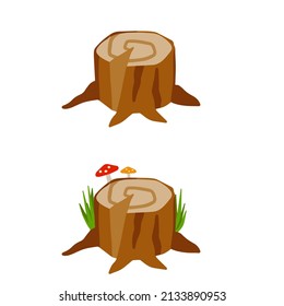 Wood stump, flat vector illustration isolated on white background. Cut tree trunk bottom part. Nature decoration of forest