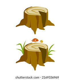 Wood stump, flat vector illustration isolated on white background. Cut tree trunk bottom part. Nature decoration of forest