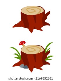 Wood stump, flat vector illustration isolated on white background. Cut tree trunk bottom part. Nature decoration of forest