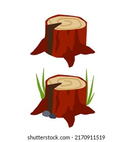 Wood stump, flat vector illustration isolated on white background. Cut tree trunk bottom part. Nature decoration of forest