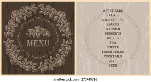 wood style decorated menu template - light brown roses vignette on the dark wood texture background