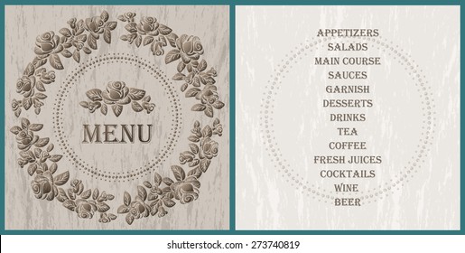 wood style decorated menu template - brown roses vignette on the light wood texture background