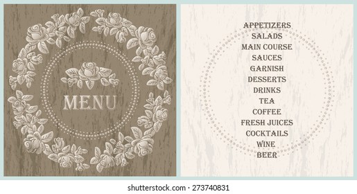 wood style decorated menu template - light brown roses vignette on the wood texture background