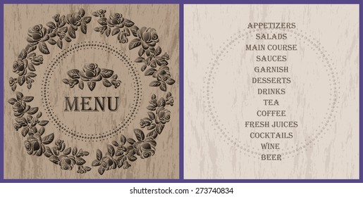 wood style decorated menu template - brown roses vignette on the light wood texture background