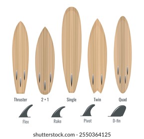 Wood surf board set. Wooden texture surfboards with various fin setup set isolated vector illustration