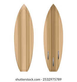 Surf de madera aislado. Tabla de surf 3D con tablero de textura de madera Ilustración vectorial aislada