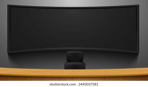 wood table and breaking news on lcd background in the news studio room	