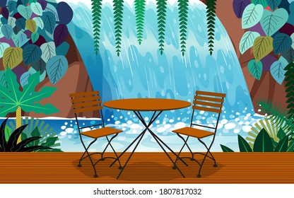 wood table and chair in cafe and restaurant with waterfall background