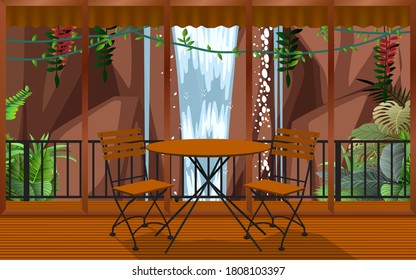 wood table and chair in indoor cafe and restaurant with waterfall background