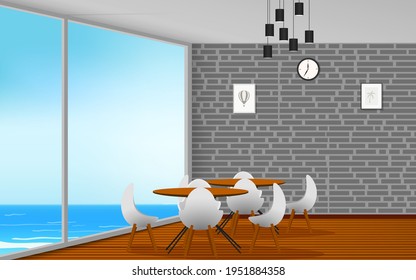 wood table and chairs in cafe and restaurant with the beach in summer