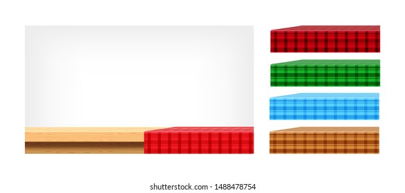wood table and collection tablecloth for design edit, front view copy space, empty plank top and tablecloth, checkered cloth on wood plank for background, tablecloth on tabletop, fabric on table