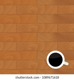 Wood table with cup of coffee. Board table, plank wooden and drink mocha or coffee. Vector illustration