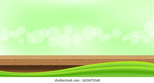 wood table front view and green graphic on bokeh soft, blank table top wooden for decoration room, wood plank for background, wooden board for display ad, tabletop montage for copy space, vector