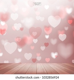 Wood table with heart blurred background used for greeting card, wedding card, wallpaper, celebration with sweet and romantic moment. Vector illustration.