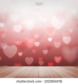Wood table with heart blurred background used for greeting card, wedding card, wallpaper, celebration with sweet and romantic moment. Vector illustration.