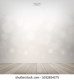 Wood table with light blurred bokeh background used for montage or display product. Outdoor background with perspective wood pattern and texture. Vector illustration.