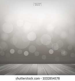 Wood table with light blurred bokeh background used for montage or display product. Outdoor background with perspective wood pattern and texture. Vector illustration.