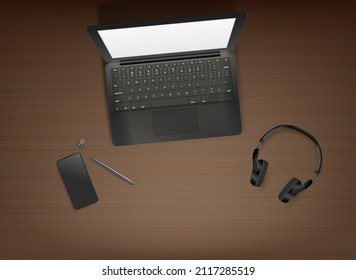 Holztisch mit modernem Laptop. Konzept des Arbeitsplatzes Vektorgrafik 3D mit Tiefeneffekt

