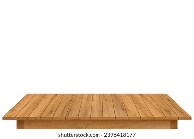 Wood table perspective background vector illustration. Wooden desk isolated on white backdrop with top front view. Realistic kitchen brown board. Rustic countertop of timber surface. Home furniture.