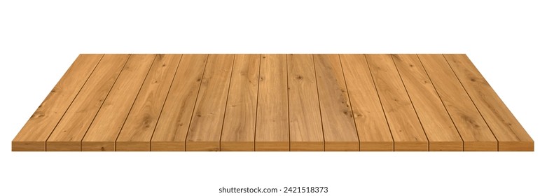 Wood table perspective background vector illustration. Wooden desk isolated on white backdrop with top front view. Realistic kitchen brown board. Rustic countertop of timber surface. Home furniture.