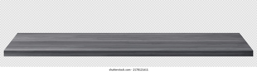 Wood table perspective view, wooden surface of desk, kitchen top made of grey colored material isolated on transparent background. Tabletop interior design element, Realistic 3d vector illustration