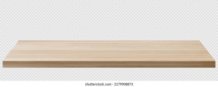 Vistas a la mesa de madera, superficie de madera de escritorio, mesa de cocina de madera marrón aislada sobre un fondo transparente. Elemento de diseño interior de tabletop, ilustración vectorial 3d realista