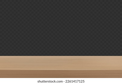 Wood table perspective view, wooden surface of desk, kitchen top made of brown timber board isolated on transparent background. Tabletop interior design element, Realistic 3d vector illustration.