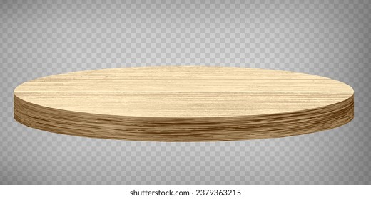 Wood table perspective view, wooden surface of circle desk, circle top made of brown timber board isolated on transparent background. Tabletop interior design element, Realistic 3d vector. EPS 10