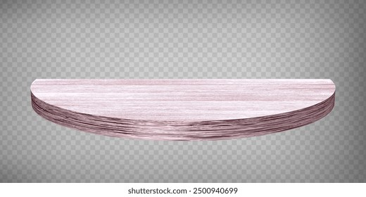 Wood table perspective view, wooden surface of half circle table top, circle top made of brown timber board isolated on transparent background. Tabletop interior design element, Realistic 3d vector 