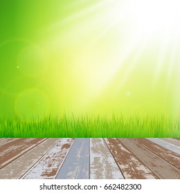 Wood table top with blurred sun and green grass, Summer holiday concept. Vector illustration
