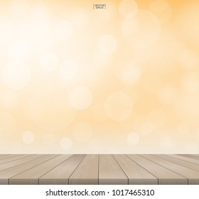 Wood table top and light blurred bokeh background used for montage or display product. Wooden terrace or deck pattern and texture. Outdoor background with wooden perspective. Vector illustration.