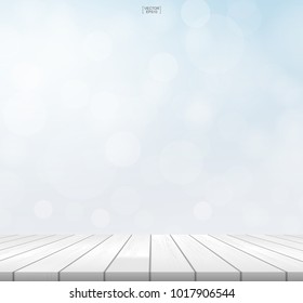 Wood table top and light blurred bokeh background used for montage or display product. Wooden terrace or deck pattern and texture. Outdoor background with wooden perspective. Vector illustration.