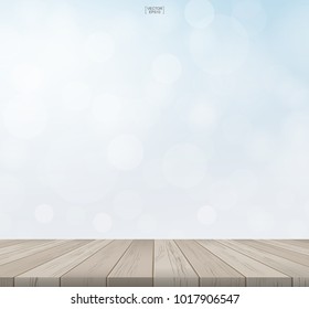 Wood table top and light blurred bokeh background used for montage or display product. Wooden terrace or deck pattern and texture. Outdoor background with wooden perspective. Vector illustration.