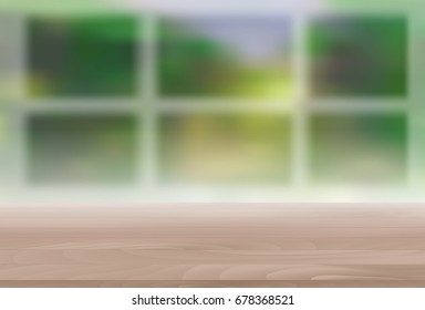 Wood Table Top on Blur Natural Green Background for Display, Montage Your Products Template for Ads, Announcement Sale, Promotion New Product or Magazine Background. 3D Realistic Vector Iillustration