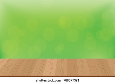 Wood table top on blur abstract  natural green Bokeh background. Vector illustration.