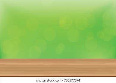 Wood table top on blur abstract  natural green Bokeh background. Vector illustration.