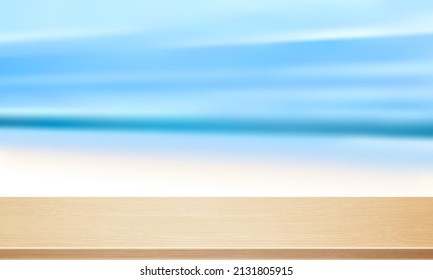 Wood table top on blurred beach background. Vector realistic summer concept.