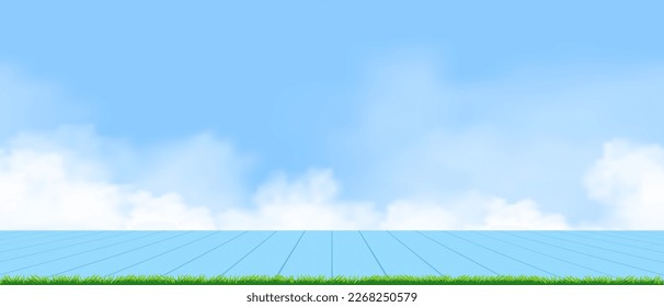 Wood Table top on Spring green grass landscape with could on blue sky in sunny day,Vector cartoon banner Wooden floor on Blue on Summer field,Backdrop Background for Spring Summer Product presentation